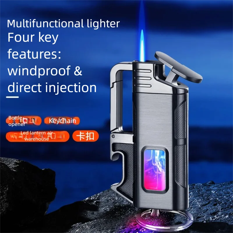 Direct Blue Flame Windproof Metal Gift for Men's Fashion, Black Technology Luminous Transparent Gas Chamber Lighter