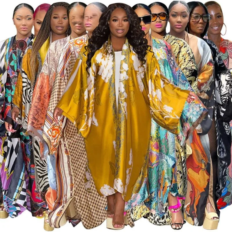 

Loose Casual Long Sve Kimono Sle Windbreaker K030 Women's Faion Autumn Print Trendy Open Front Coat Polyester 00%