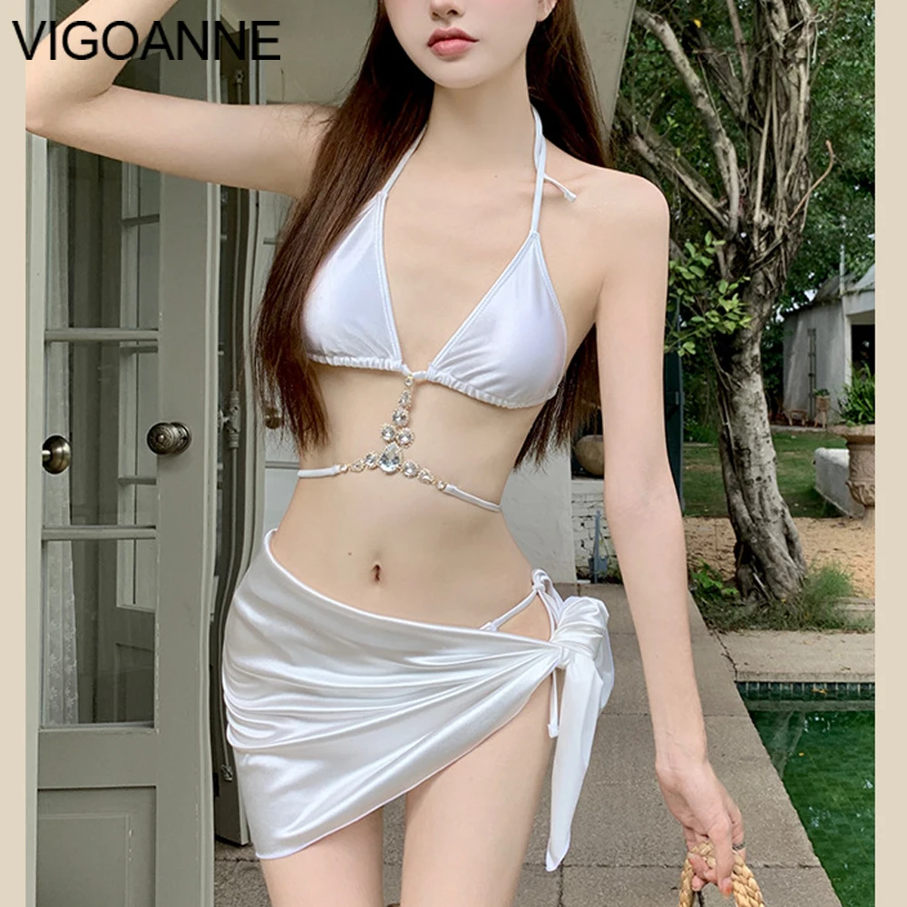 VigoAnne 2025 Solid Hollow Swimwear Women High Waist Skirt Bikini Set Korean Halter Push Up Swimsuit Sexy Beach Bathing Suit