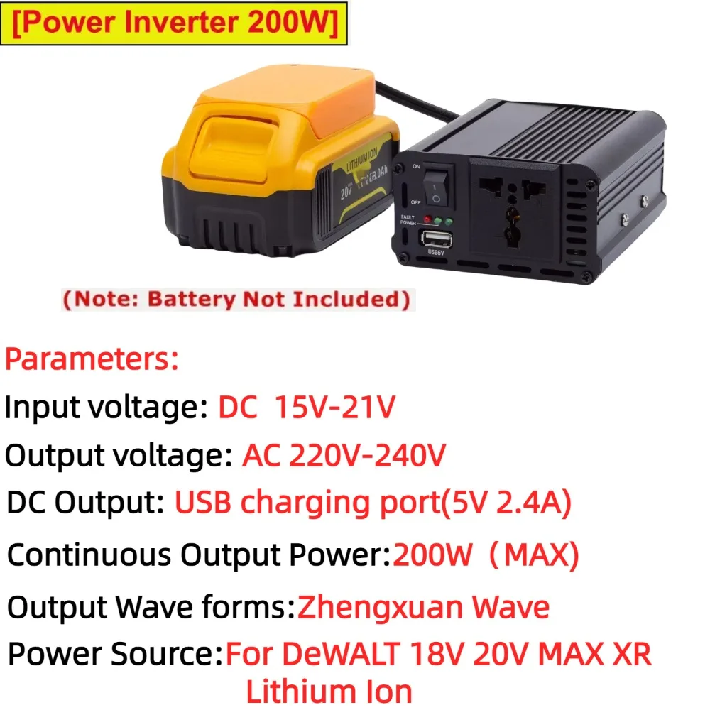 200W Portable Power Inverter Outlet Adapter For DeWALT 18V 20V MAX XR Lithium Ion To 220V AC Converter W/AC Outlet & USB