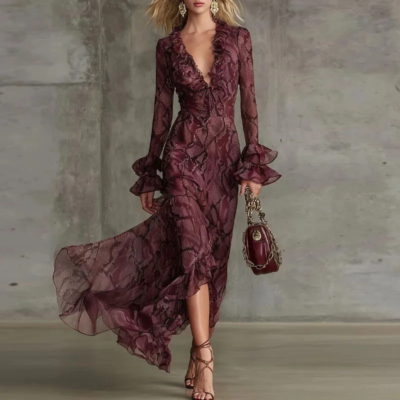 Retro Snake Print Abend Party Kleider Frau Elegante Frühling Tiefem V-ausschnitt Rüschen Langes Kleid Herbst Ausgestellte Ärmel Boho Maxi Kleid