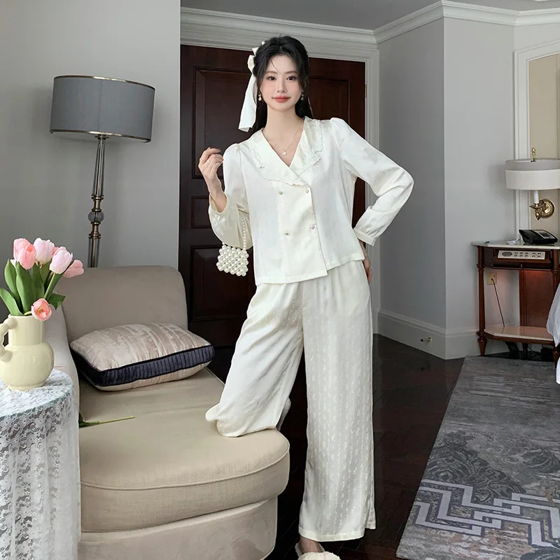 

Pajamas Women New Ice Silk Premium Feeling Cardigan Long Sleeve Long Pants Women's Homewear Two Piece Set Can Be Worn Outside