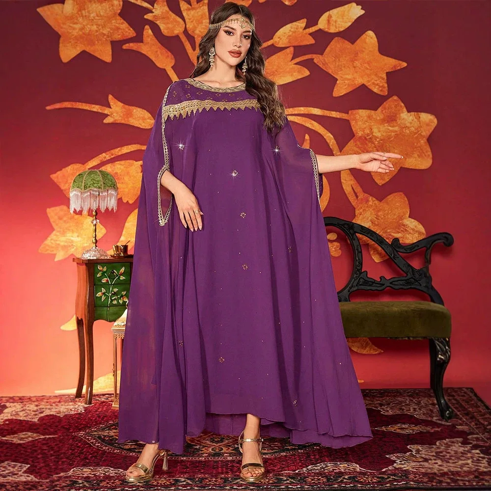 

Ky1970 Women's Long Dress, Solid Color Lace Embellished Round Neck Elegant Long Dress Abaya Ramadan Dubai Luxury Islam Elegant