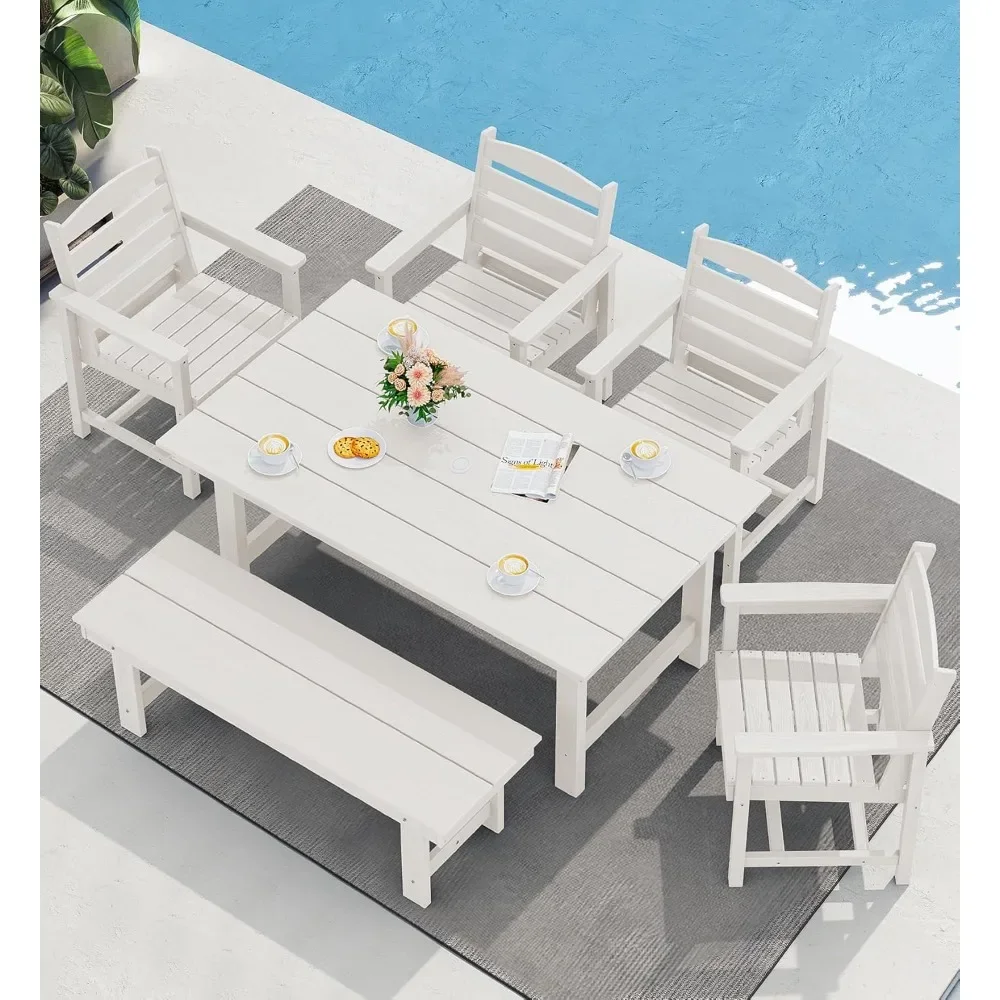 

Outdoor Dining Set for 6, with Umbrella Hole Cut-Out Table and 1 Dining Bench and 4 Chairs, Outdoor Dining Bench Sets