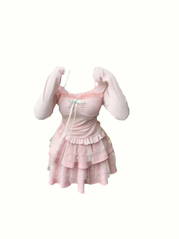 

plus Size Fat MM Korean Style Lace Wooden Sound Slim Shoulder Long Sleeve High Waist a Word Puffy Skirt Set Spring Fashi...