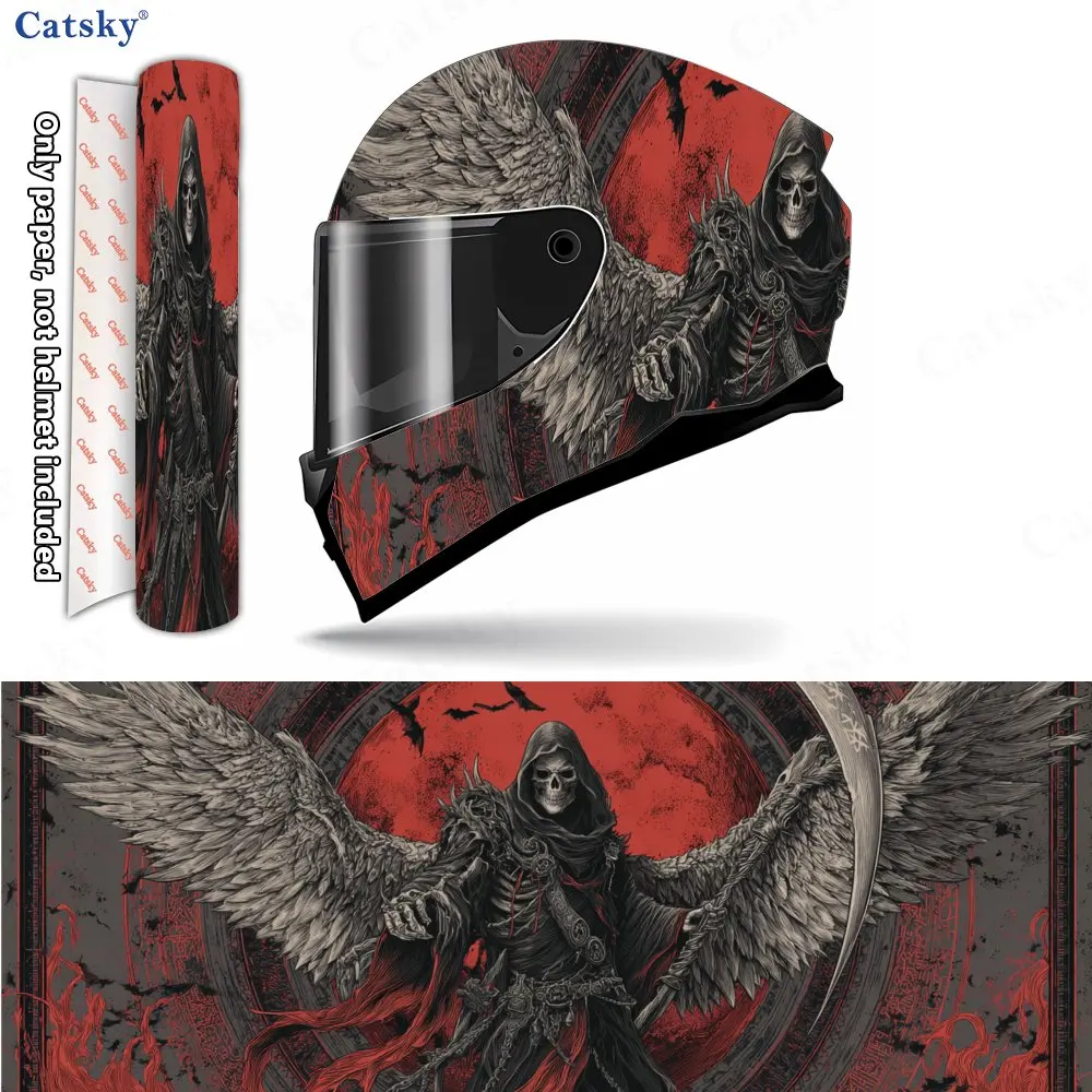 

Grim Reaper Wing Red Storm Helmet Vinyl Wraps, Waterproof Scratch-Resistant Full Face Helmet Decals, Durable PVC Artistic Design