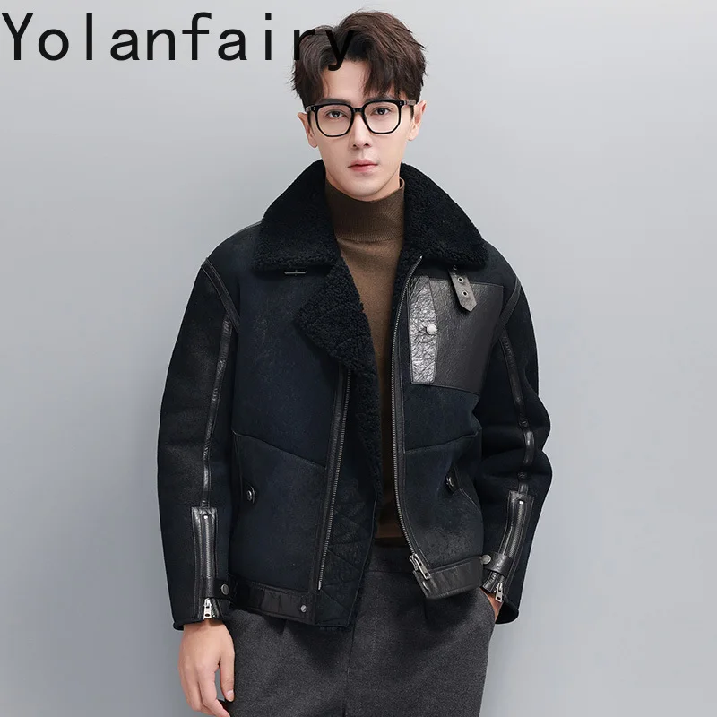 YOLANFAIRY 2025 High-end Natural Fur Coat Man Genuine Leather Jacket Warm Winter Men's Flight Suit Real Lamb Wool Fur Jackets