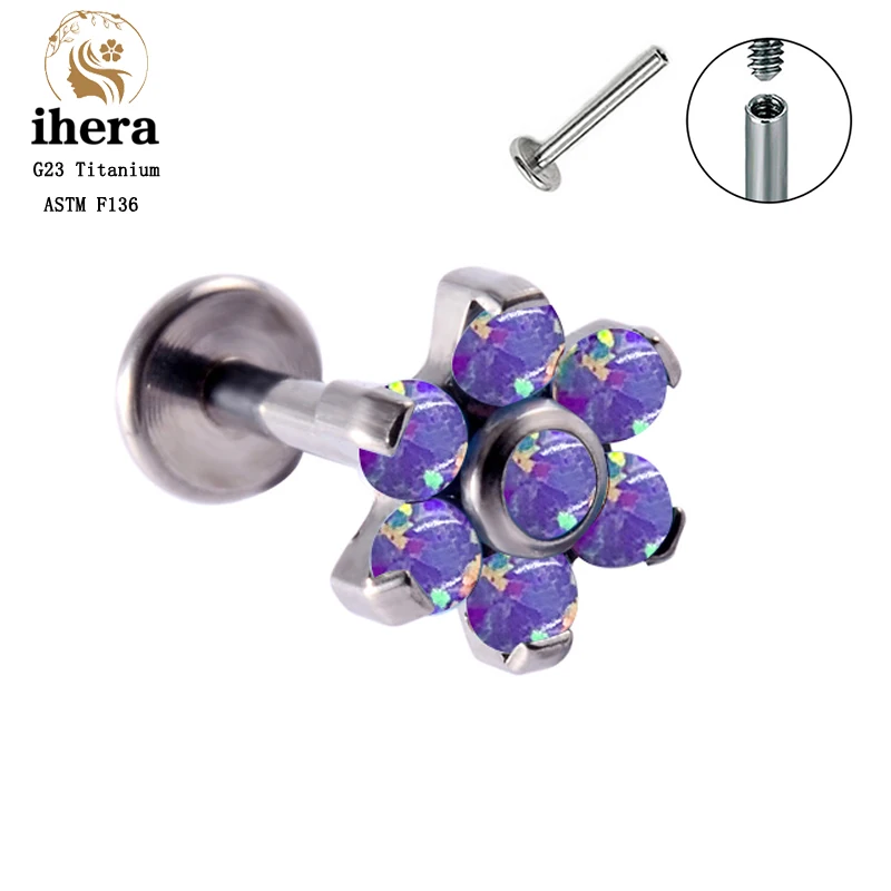 G23 Titanium Opal Flower Piercing Stud Earrings Labret ASTM F136 16G Lip Stud Ear Tragus Cartilage Piercing Women Body Jewelry