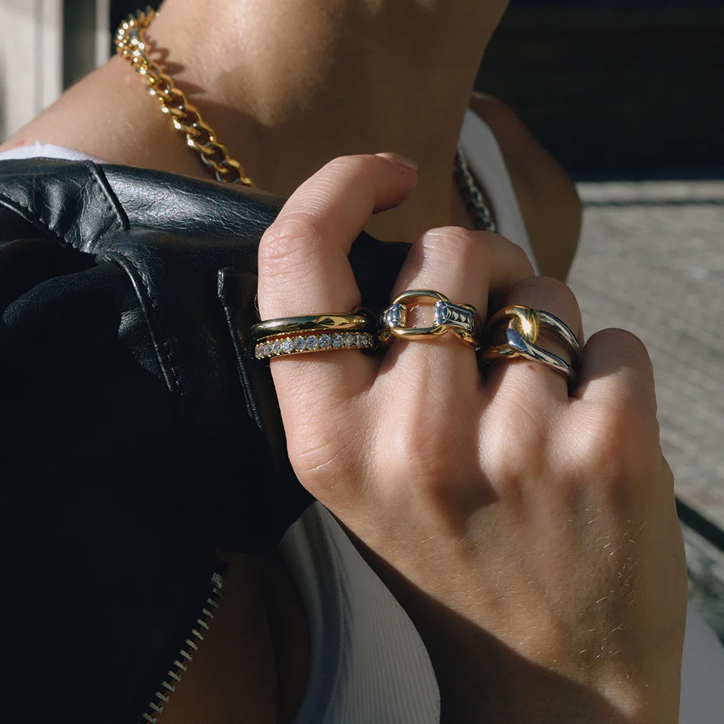 Ars نغمتين 18K مطلية بالذهب خواتم للنساء الفولاذ المقاوم للصدأ حلقة بيان حلقة لا تشويه الحد الأدنى خواتم الاصبع اليومية #3