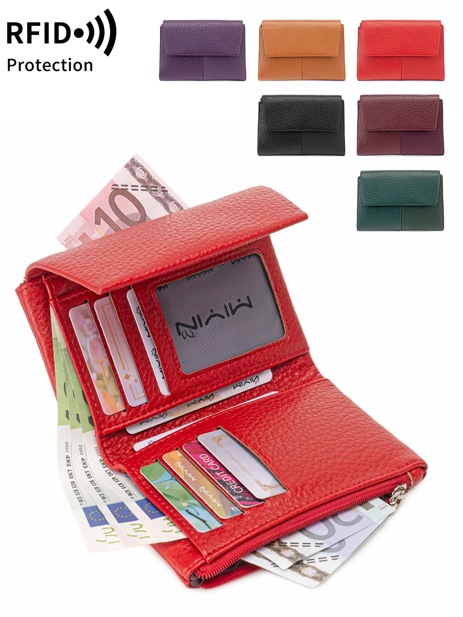 

Женский кошелек с RFID-защитой, стильный, складной, большой вместимости, для кредитных карт, с отделением для монет, на двойной молнии, женский кошелек-портмоне