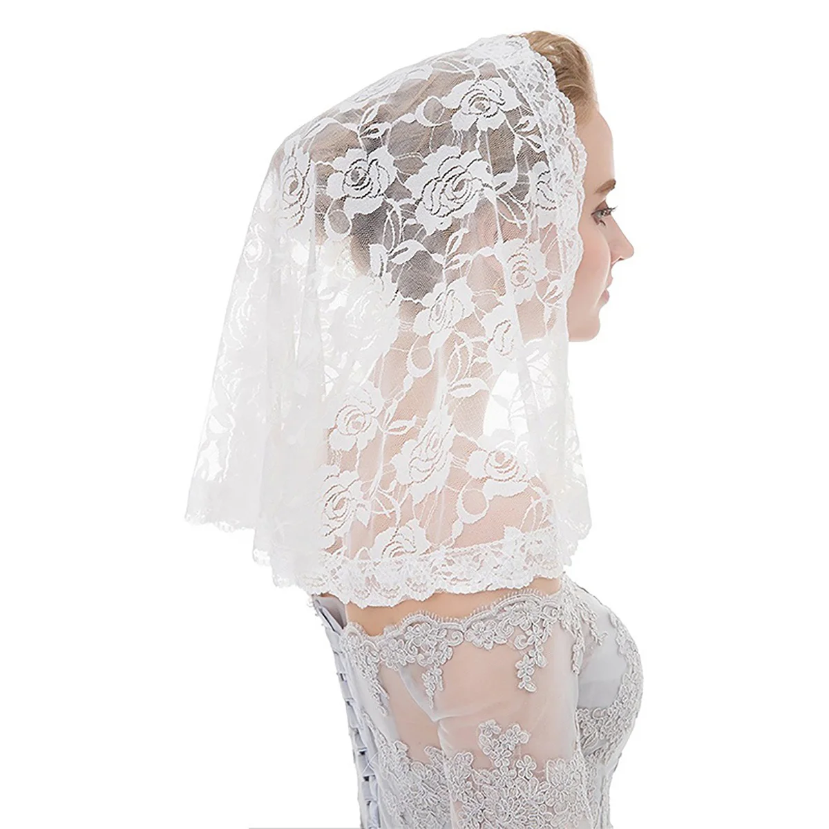 Velo católico de encaje blanco y negro, velo de Mantilla, velo de encaje Floral, velo de boda, velo de novia, bufanda latina, cubierta de cabeza