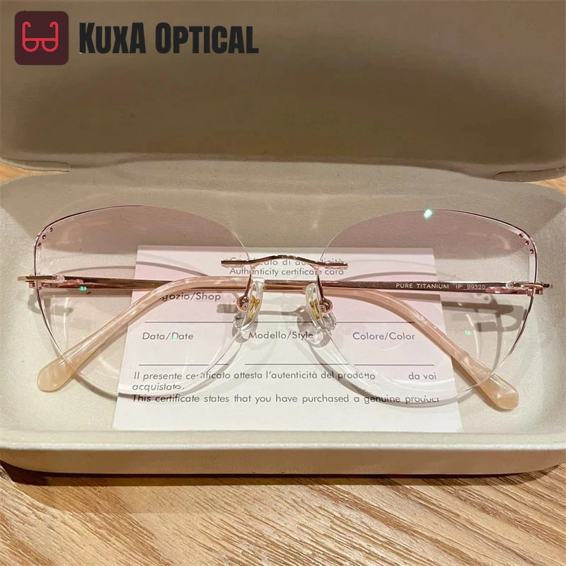 

KUXA женские очки без оправы титановые бабочки оттенок градиент цвета элегантные очки по рецепту женские кошачий глаз оптические безрамочные G