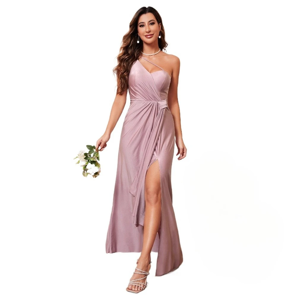

Sexy Ruched High Split One Shoulder Long Formal Evening Dress Light Purple