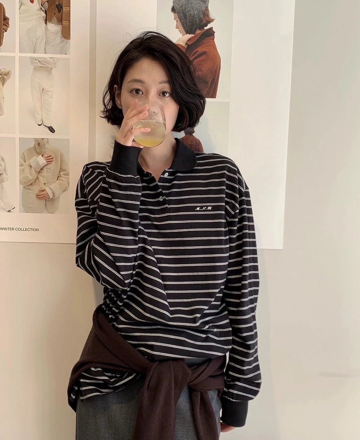 

M*Onoha Spring 2023 Collar Letter Long Sve T-irt Ele Sle Casual Commute Loose Fit Classic Stripes