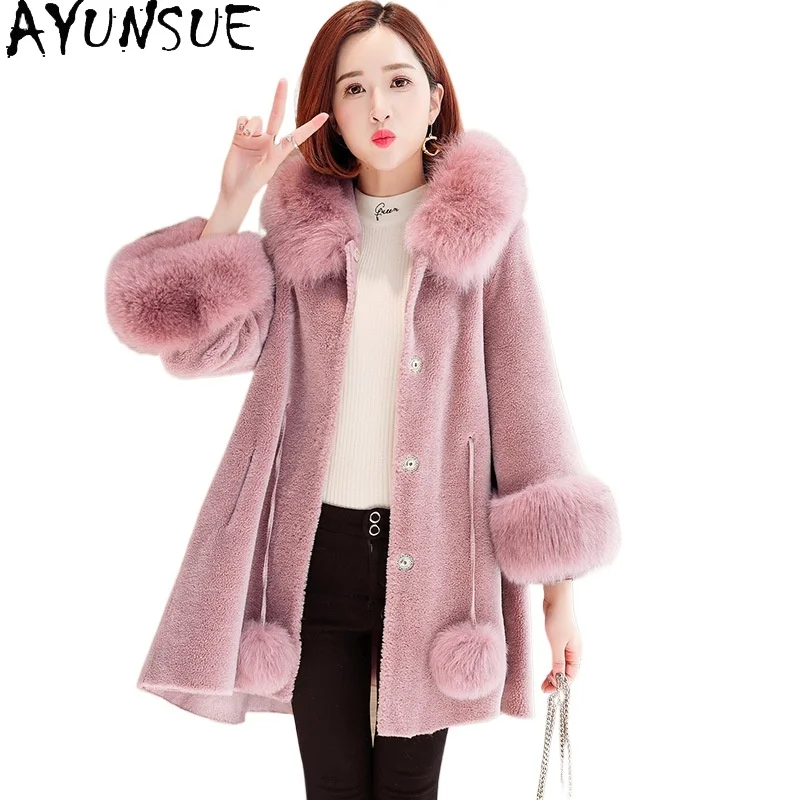 

AYUNSUE 100% Wool Coat Real Fur Coat Womens Long Coats Winter Women Clothing Fox Fur Collar Composite Sheepskin Fur Шуба 2024