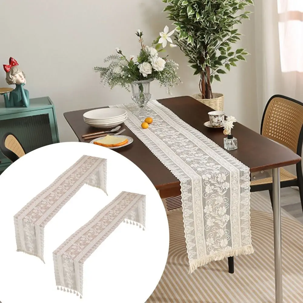 Tassel Pendant Lace Tablecloth Hollow Out Lace Table Flag Decorative White Table Runner Ceremony