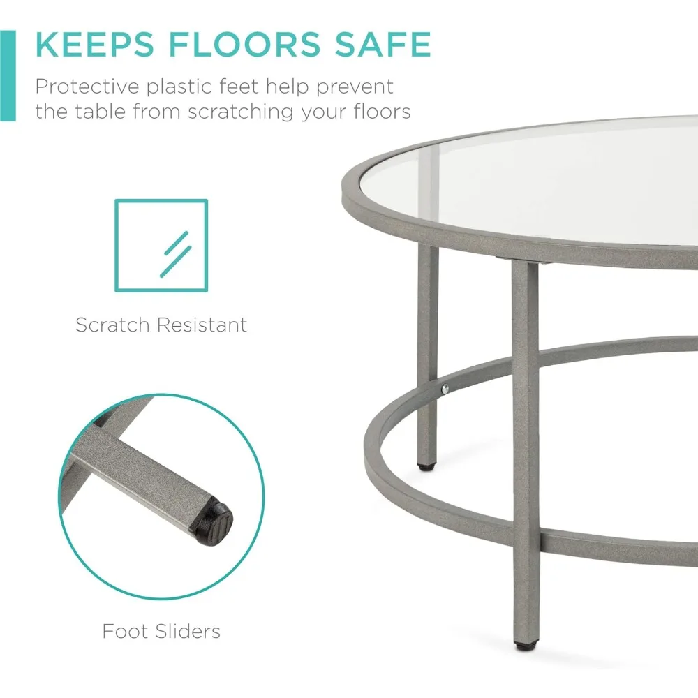 Mesa de centro lateral redonda moderna con acento de vidrio templado para sala de estar, comedor, té, decoración del hogar