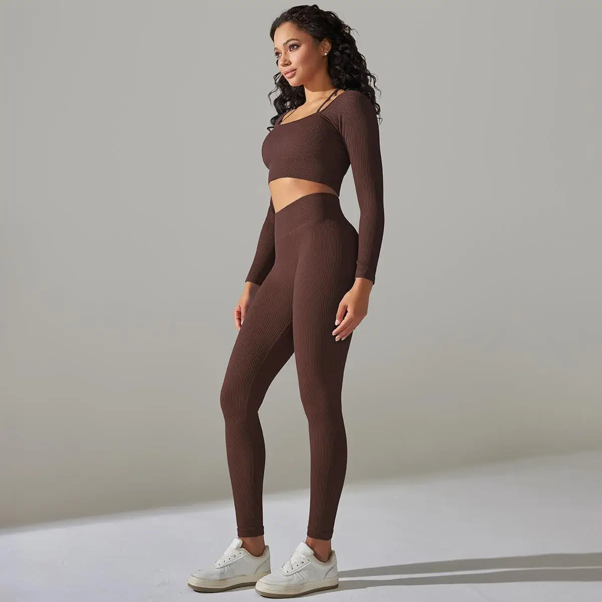 Solid Color Soft Seamlesshanging neck Women Gym Yoga Set Fitness Long Sleeve High Waist Yoga Legging Comprehensive Training Jog