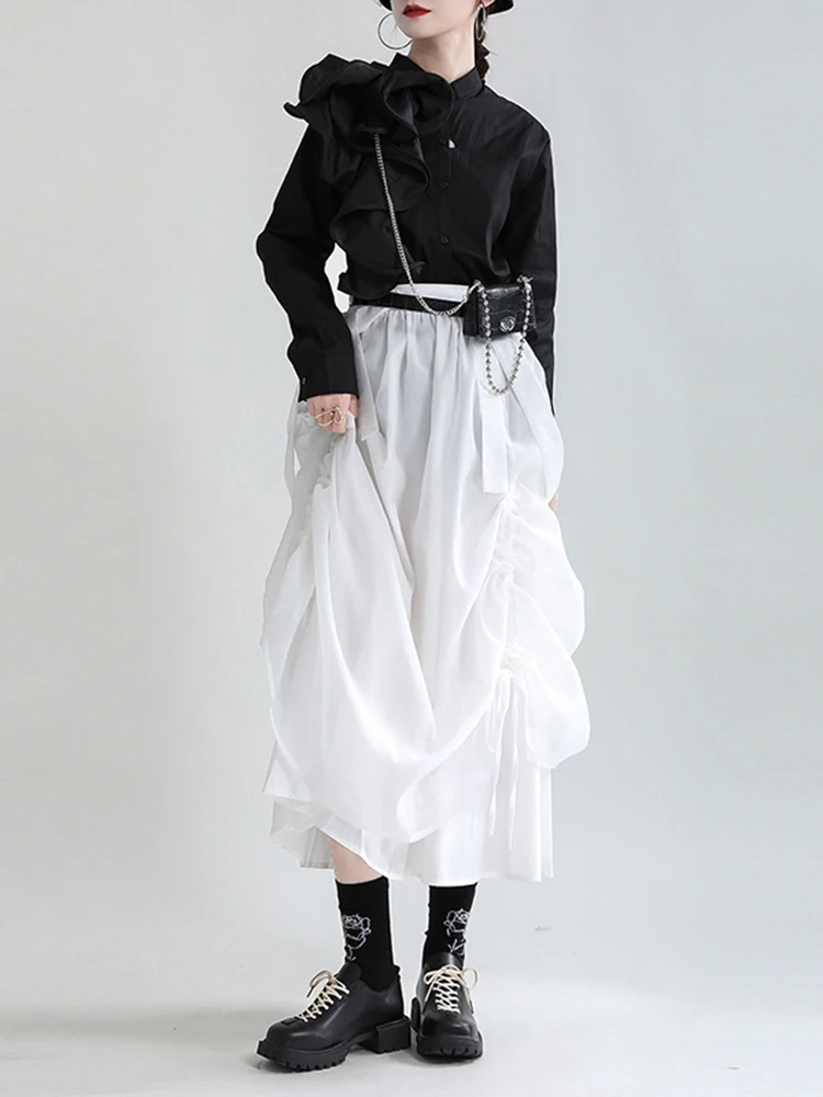 [EAM] High Waist Black Drawstring Irregular Long Strap Half-body Skirt Women Fashion Tide New Spring Autumn 2024 1DE2821