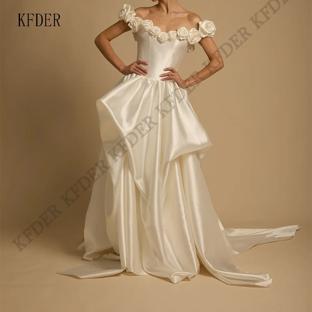 Modern Satin 3D Flowers Wedding Dress Off Shoulder Pleated Bridal Gowns A Line Strapless Ruffles Vestido De Novia Customized