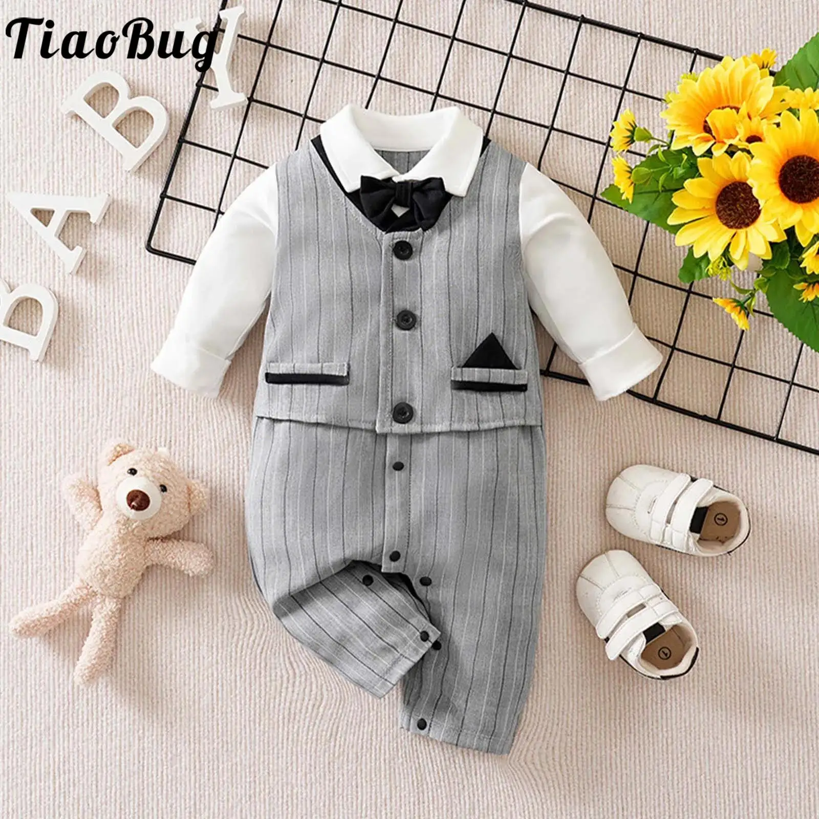

Baby Boys Gentleman Suit Rompers Long Sleeve Bowtie Striped Jumpsuit Formal Wedding Birthday Party Baptism Outfit Kids Clothes