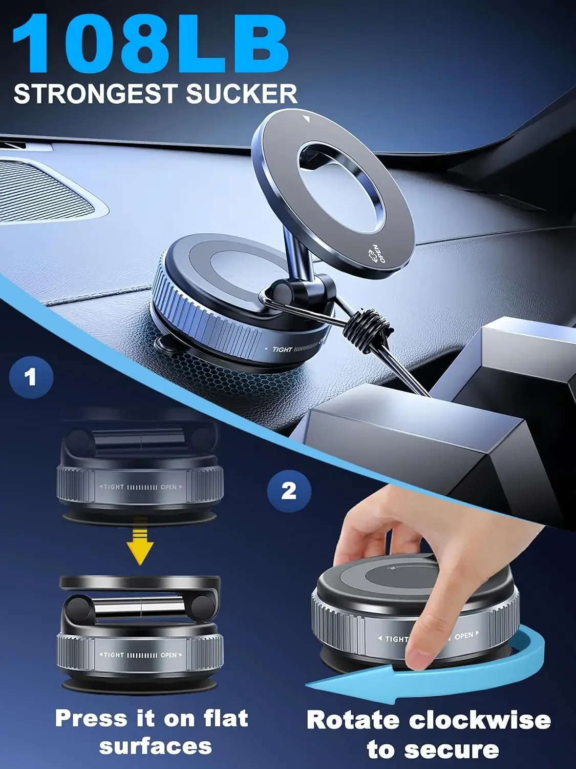 Faltbarer Starker Magnet Magnetischer Telefonhalter 360° ° Drehbarer Schreibtisch-Auto-Staubsauger mit Saugnapf für Windschutzscheibe und Armaturenbrett, Handyhalterung – Detail 3