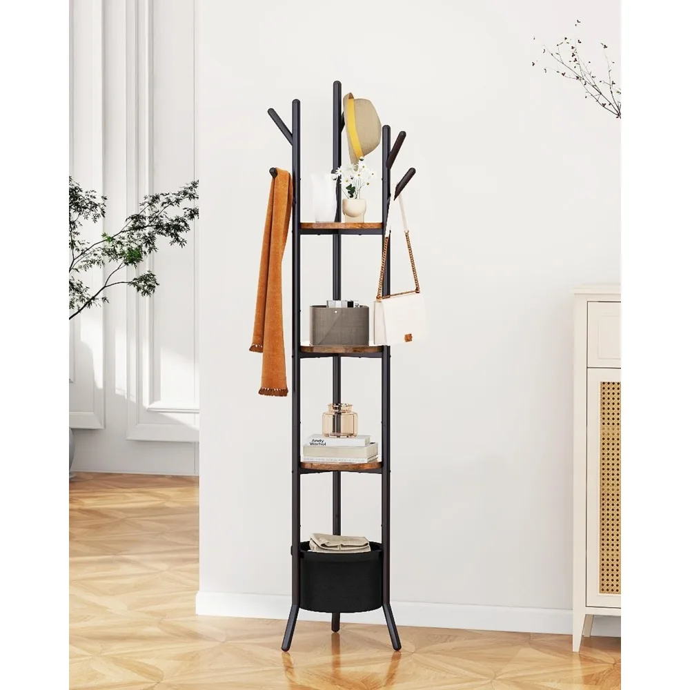 رف معطف قائم بذاته مع 3 أرفف خشبية وتخزين سلة قماشية، شجرة قاعة بإطار معدني