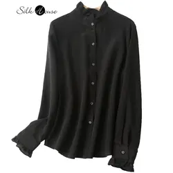 New French Silk Shirt Long-sleeved Temperament Wooden Ear Edge Stand Collar Top Bottom Small Shirt Mulberry Silk Women's Shirt