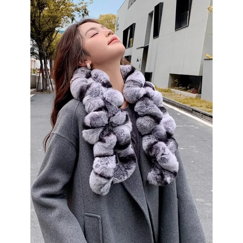 Fur scarf women's winter Rex rabbit hair scarf, warm neck, thickened double-sided ruffle leaf edge, long neck cover, real hair.