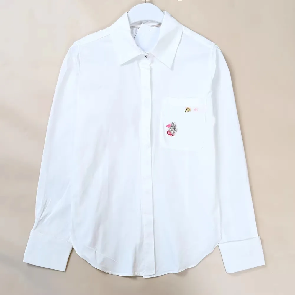 

Elastic Cotton Embroidered Slim Fit Casual Long Sleeve Shirt for Women Commute Versatile Style Business Casual Shirt