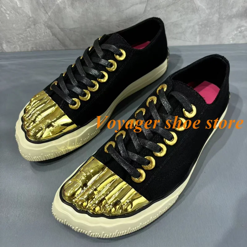 Men's Special Design Gold Five Finger Patchwork Sneakers Pointed Toe Flat Lace Up Spring Autumn Fashion Matching Casual Shoes