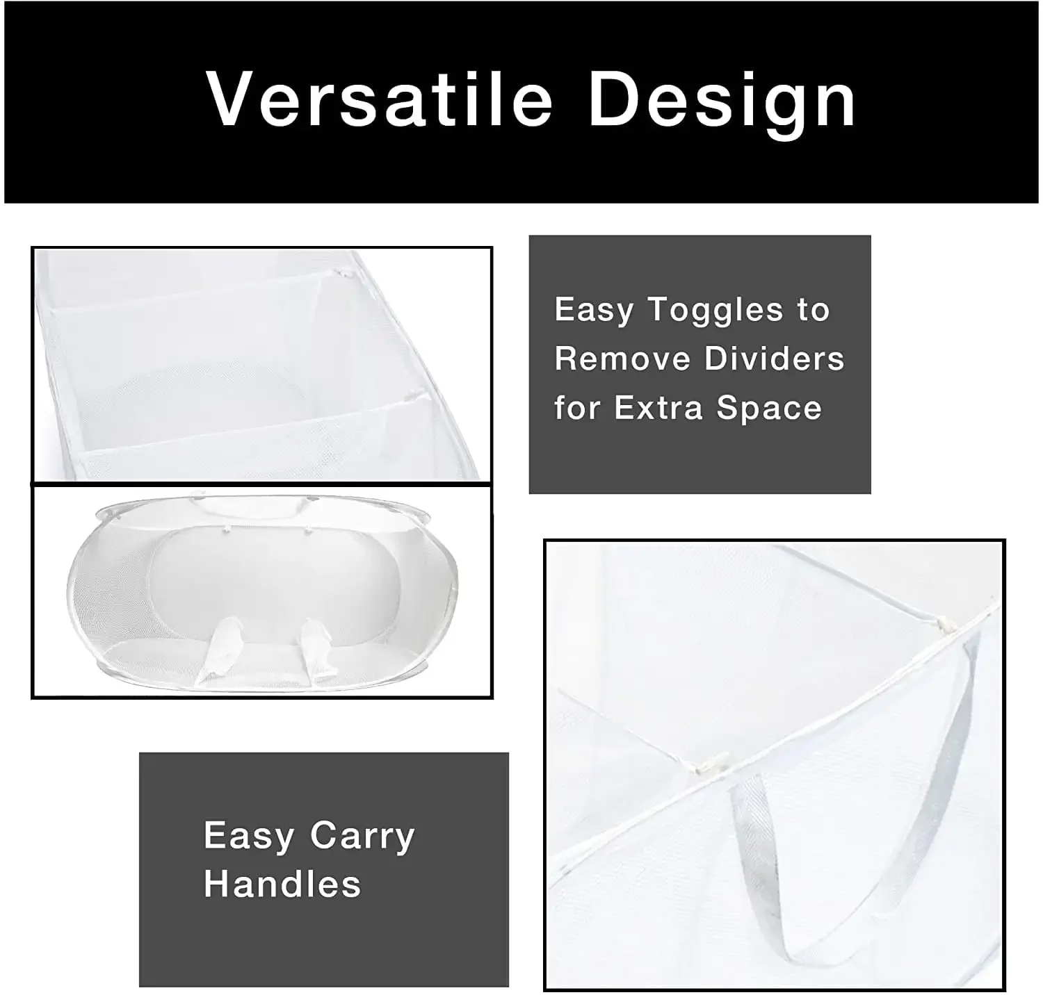 سلة سلة سلة فارز الغسيل ذات 3 حجرات منبثقة شبكية فاخرة من Smart Design - تحمل 6 أحمال - 33 × 15 بوصة - أبيض