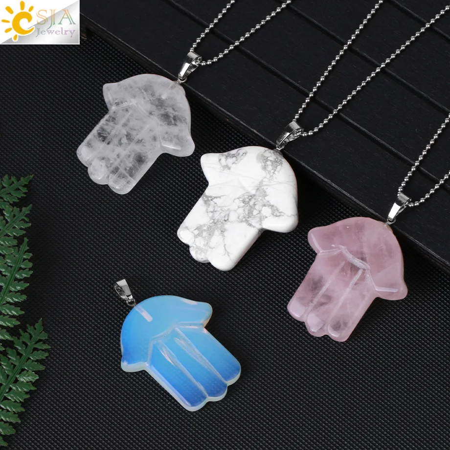 CSJA Natural Crystal Necklace Stone Lucky Fatima Hamsa Hand Pendant Amethysts Pink Quartz Spiritual Healing Stones Jewelry H095