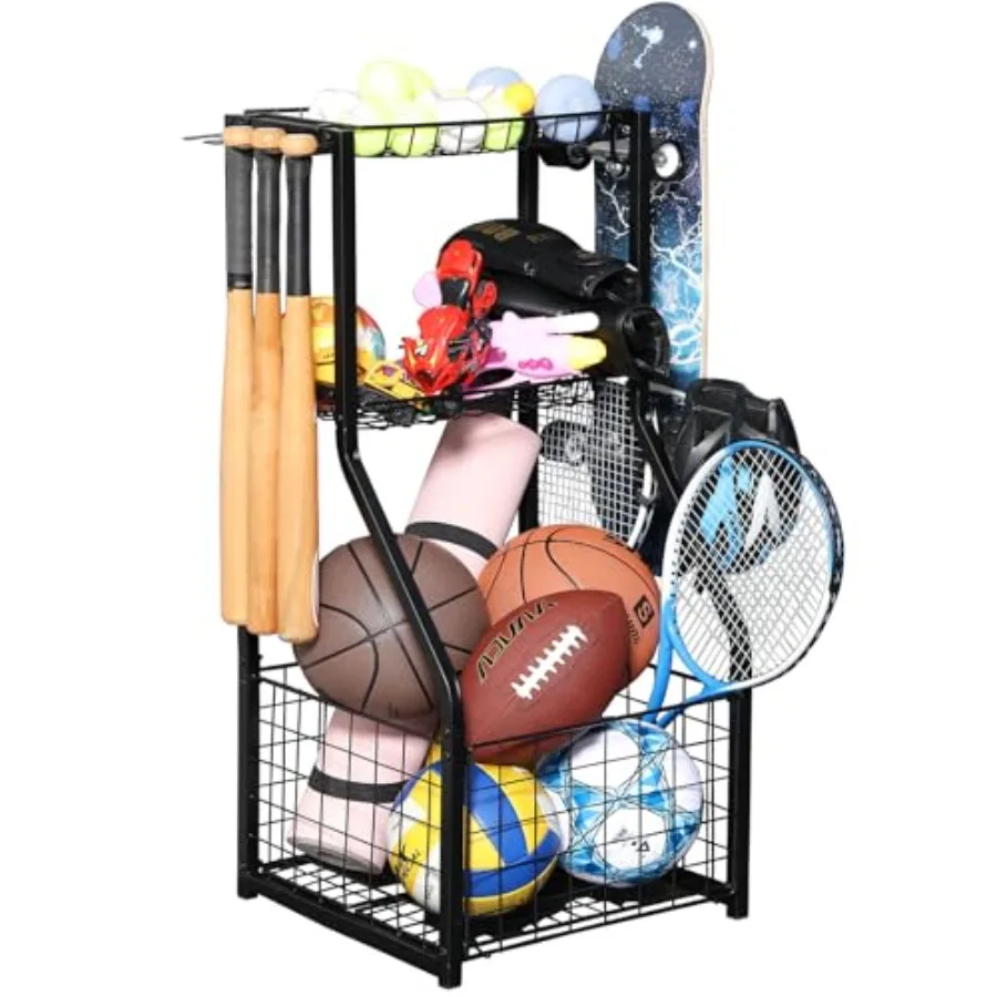 

Органайзер для спортивного инвентаря в гараже - тележка для хранения спортивных мячей с крючками для бейсбольных бит, для использования в помещении и на улице, органайзер для гаража