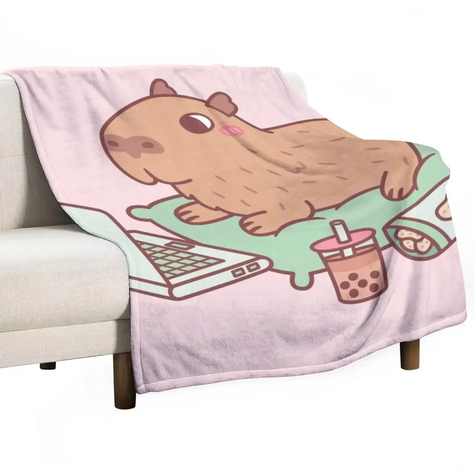 

Cute Chilling Capybara With Laptop And Snacks Throw Blanket Beach Sofa Quilt Blankets