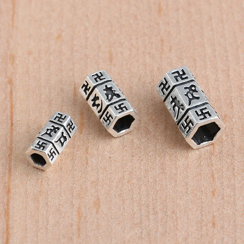 925 Sterling Silver Thai Silver Jewelry Accessories Retro Six Word Mantra Bead Straight Handmade DIY Beaded Braided Accessories