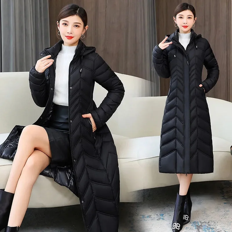 2024 New Winter Long Plaid Parkas Loose Thicken Warm Hooded Coats Women Casual Zip Up Windproof Black White Jackets Outwear