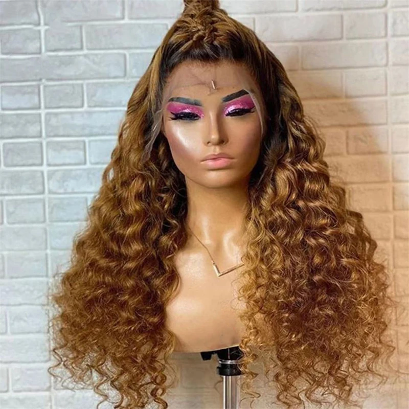 

Long Soft Preplucked 26 Inch 180% Density Glueless Ombre Blonde Kinky Curly Lace Front Wig Fiber For Black Women With Baby Hair