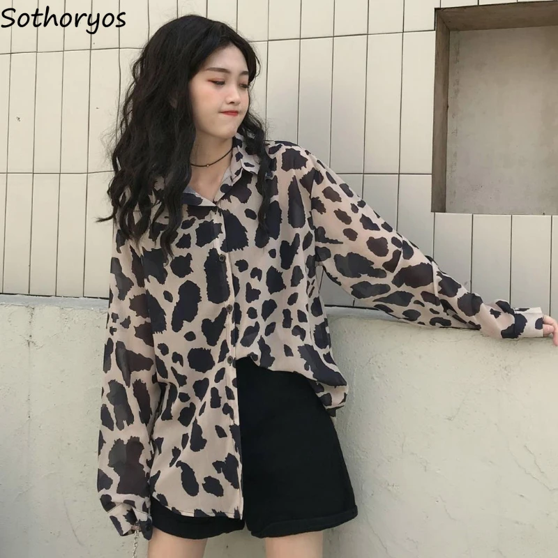 

Sun-proof Shirts Women Summer Thin Leopard Tops Vintage Holiday Streetwear Soft Temperament All-match Korean Style Classic Chic