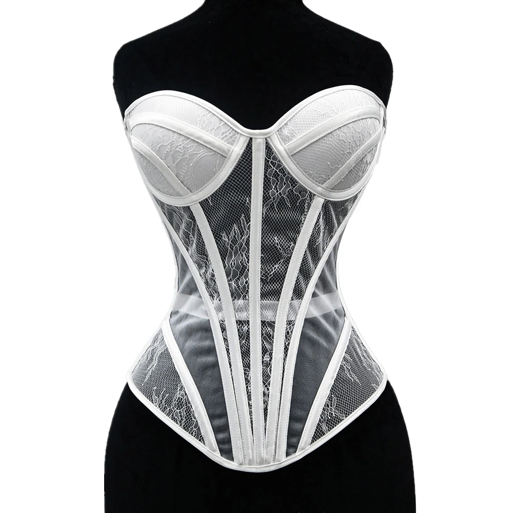 Women Fancy Overbust Corset Cups Boned White Transparent Floral Lace Mesh Bodice Sexy Hourglass Push Up Busiter Tops