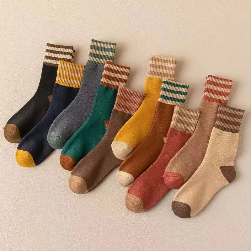 10 Pairs Women's Autumn and Winter Thermal Thick Woolen School Socks Warm Stripes Thick Socks for Women Fashion Long Socks Set