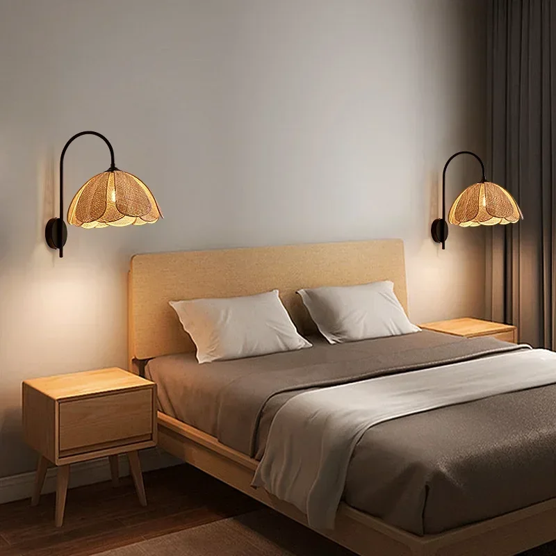 Wall Lamp Japanese Woven Homestay Room Bedroom Living Room Light Rattan Flower Petals Creative Personality Wooden Wall Light