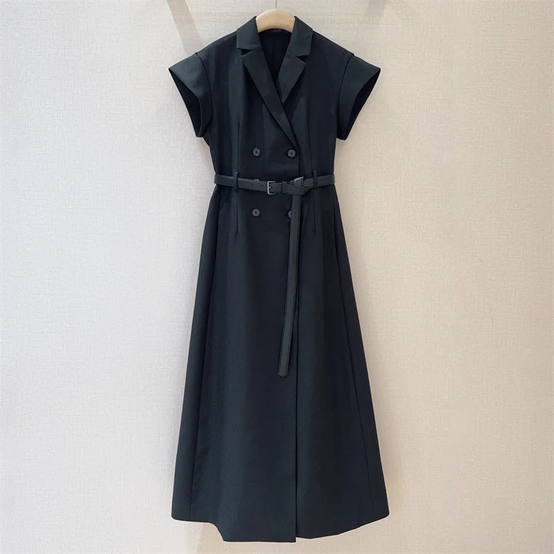 

Womens dresses New autumn 2025 waist belt slim fit lapel long dresses Double breasted short sleeved midi dresses party dresses