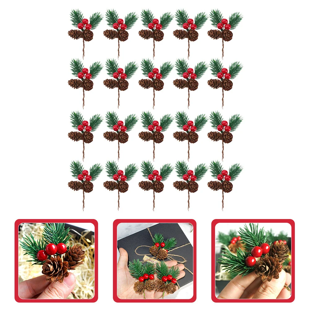 

20pcs Cone Picks Artificial Berry Pine Needles Stems Christmas Decor Supplies Pvc Pine Branches Wedding Holiday Garland Craft