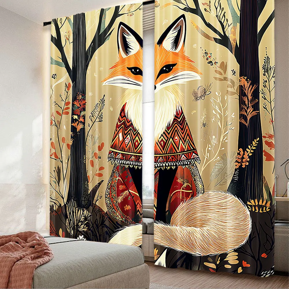 

2Pcs Fox Curtain Animal Theme A Fluffy Wild Fox In The Forest And Tree Trunks For Bedroom Living Room And Dining Room