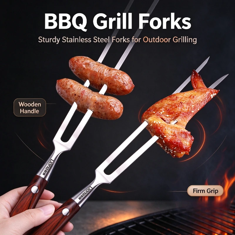 Thickened One Piece Stainless Steel Roasting Fork Wooden Handle Barbecue Utensil For Home Meat Skewer Grilling