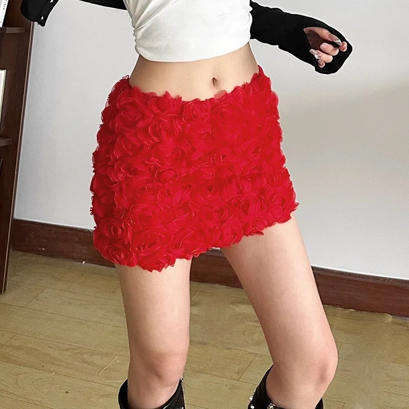 Retro Solid Color Sexy 3D Rose Flower Skirts for Women Fashion Sweet Girls Low Waisted Mini Skirt Y2K Goth Streetwear Outfits