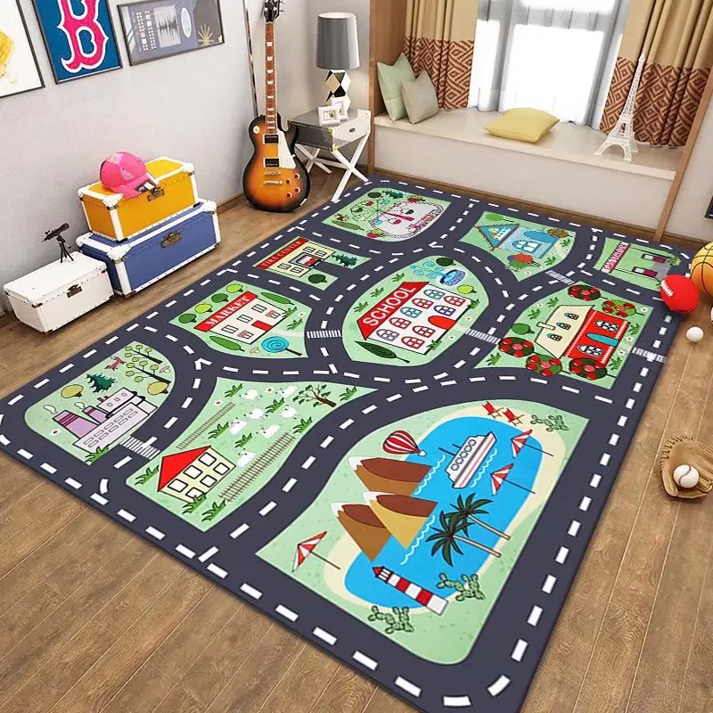 Thickened Flannel Carpet Living Room Children\'s Bedroom Decoration Floor Rug Cartoon Road Play Mat Soft Tatami Carpets Non-slip