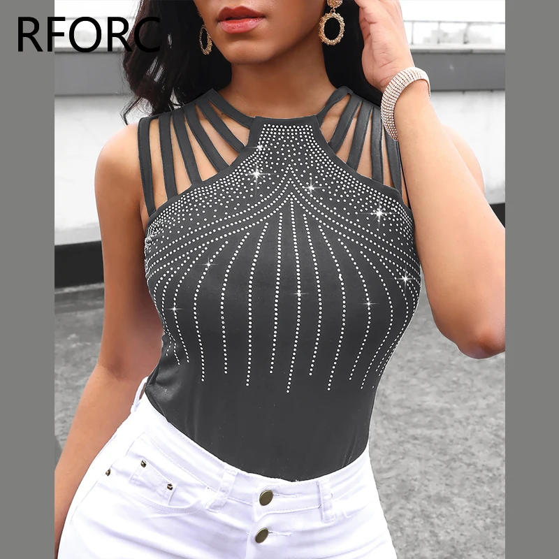 2024 Women Chic Rhinestone Decoration Tank Sleeveless Sexy Camis Crop Tops