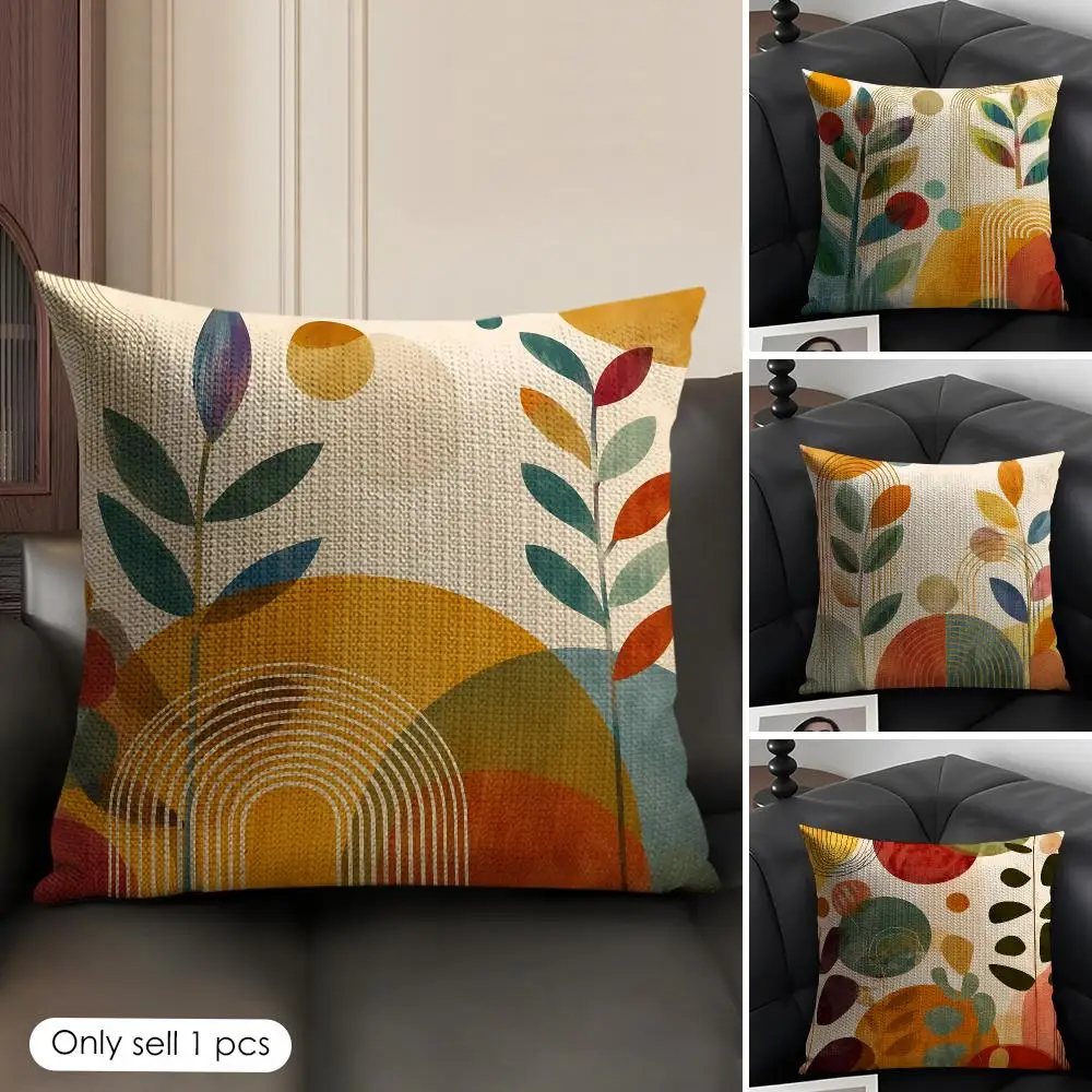 Colorful Abstract Mid Century Cushion Cover Natural Linen Organic Fabric Double-Sided Printing Breathable Perfect Gift For Decor